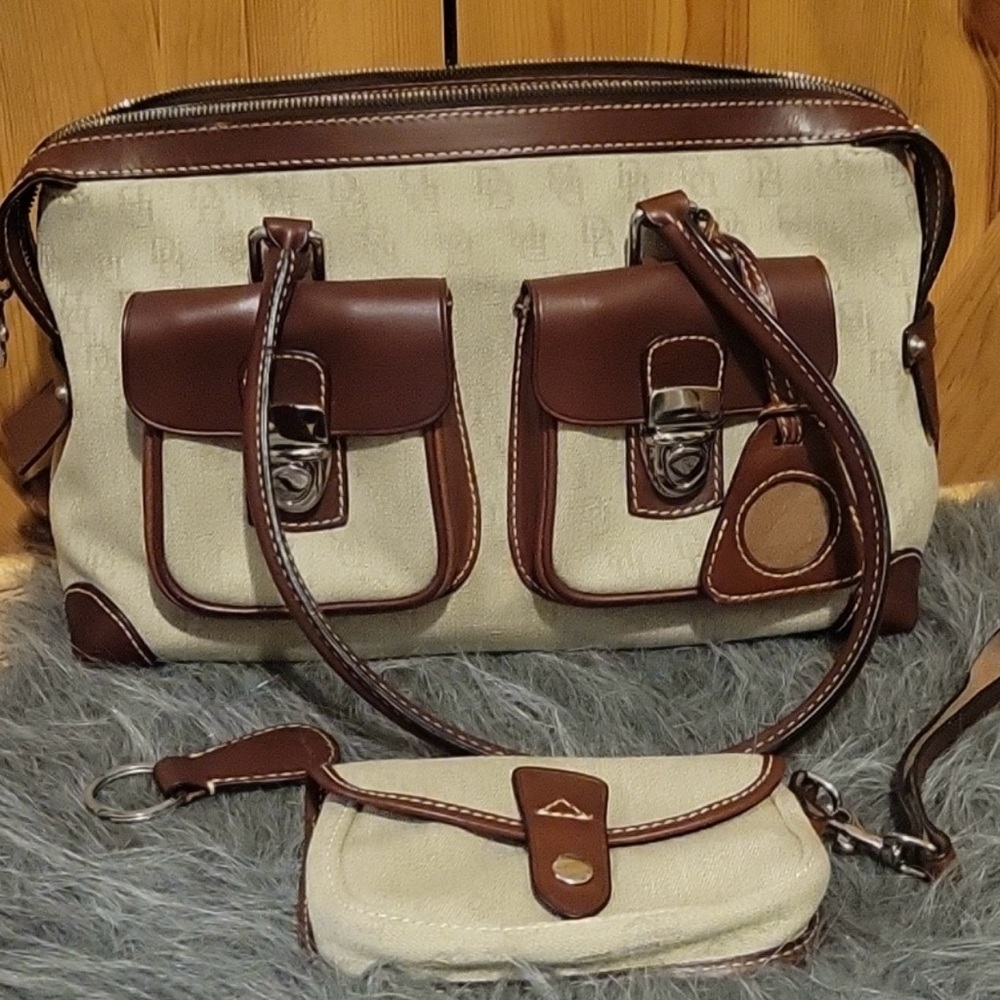 Dooney & Bourke Cream Canvas with  Leather Trim Satchel, Pouch, & Keychain Set